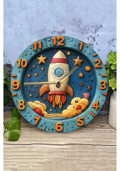 Roket Ve Uzay Temalı Çocuk Mdf Duvar Saati 3d Görünümlü, 2d Hd Baskı, Sessiz Mekanizma Sdw236 Renkli
