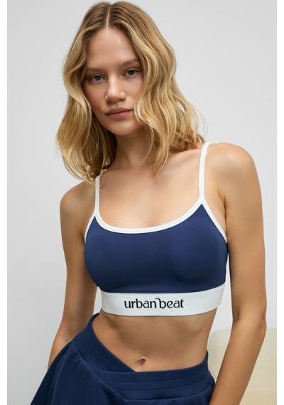Urban Beat Metreon Kadın Yumuşak Esnek Dokulu Leopar Kontrastlı Göğüs Pedli Askılı Lacivert Spor Süt Lacivert