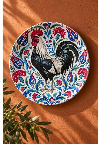 Dekoratif Duvar Tabağı Horoz Ve Çini Motifli 27 Cm - Dekorlu Seramik Tabak