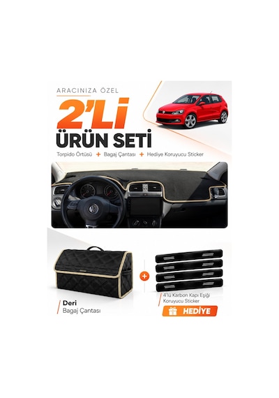 E-biz Volkswagen Polo 2009-2019 Uyumlu Torpido Örtüsü + Deri Bagaj Çantası - Siyah-bej - Vw021