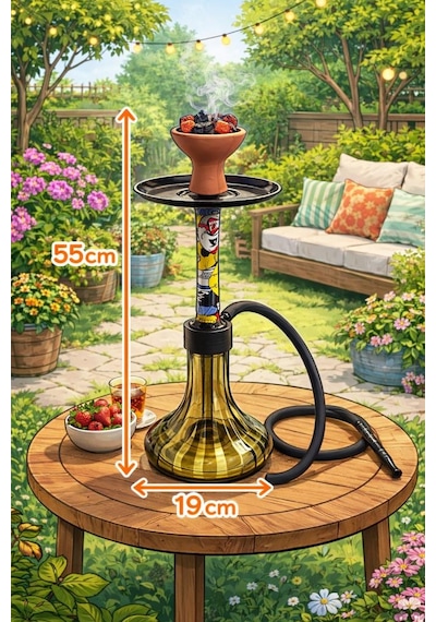 Nargile Takımı 55 Cm Büyük Boy Cam Şişe Modern Desenli Lüleli Nargile Seti Hortumlu Ev Balkon Bahçe Kullanımı