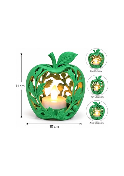 Elma Figürlü Dekoratif Mumluk Yaprak Desenli Tealight Mumluk, Dekoratif Led Mum Hediyeli - Yeşil Açık