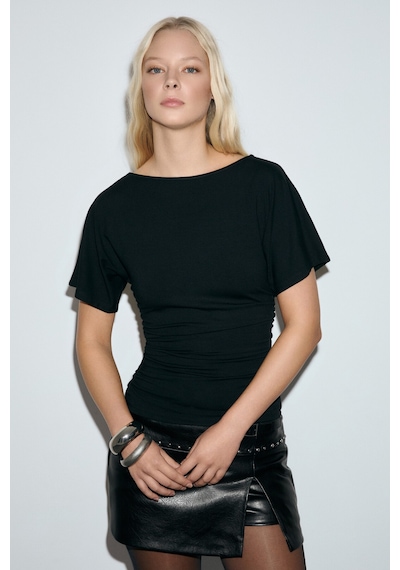 Grımelange Condımento Kadın Yumuşak Ve Esnek Kumaşlı Büzgülü Slim Fit Siyah Bluz Siyah