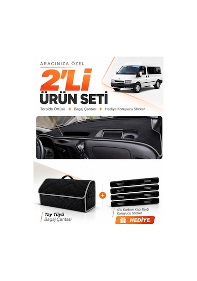 E-biz Ford Transit 2001-2006 Uyumlu Torpido Örtüsü + Tay Tüyü Bagaj Çantası - Siyah-gri - Fo028