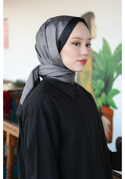 Premium Lux Original Monogram Şal İpek Vual, Yüksek Kalite, Hafif, Rahat, Şık, Tesettür, Shawl Füme - Siyah