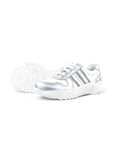 Rakerplus Hakiki Deri Gümüş Pembe Parlak Taşlı Kız Çocuk Sneakers Ayakkabı GÜMÜŞ