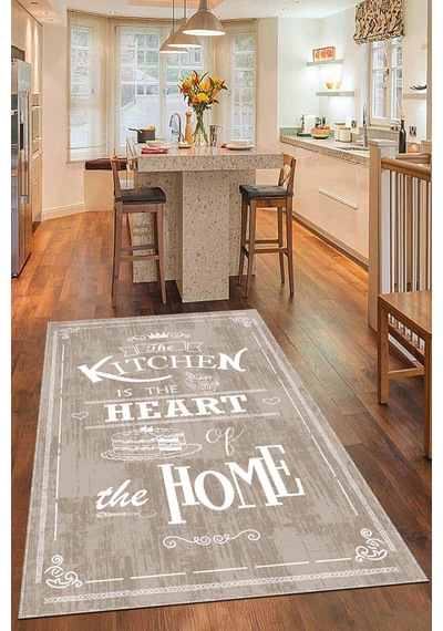 Bej Kaymaz Taban Yıkanan Kitchen Yazılı Mutfak Halısı Ar527