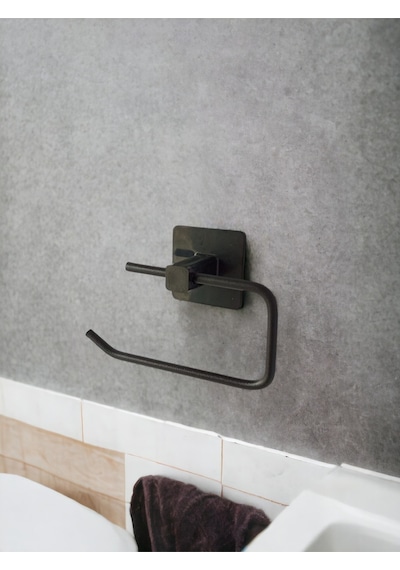 Yapışkanlı Banyo Aksesuar Seti, Siyah, Düz Havluluk, Tuvalet Kağıtlığı Siyah