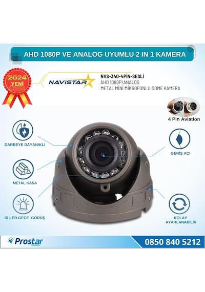 Mikrofonlu Ahd 1080p Ve Analog Pal Dönüşümlü Gece Görüşlü 4 Pin Mini Metal Dome Araç Kamerası