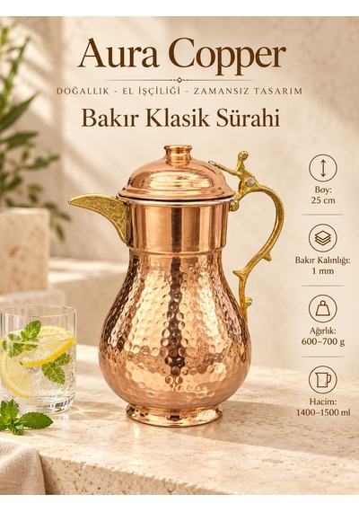 Aura Copper Kapaklı İçi Kalaylı 1 Mm Dövme Bakır Sürahi
