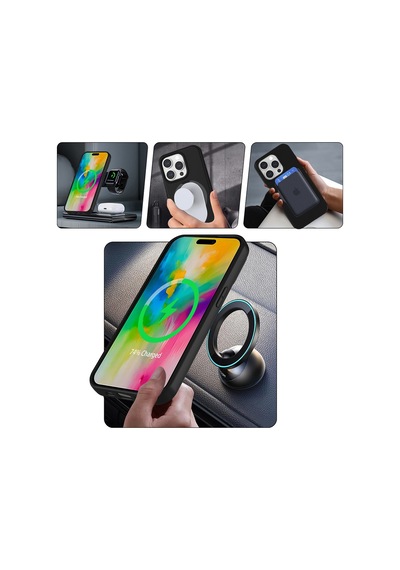 Apple Uyumlu iPhone 15 Pro Kılıf M-safe Şarj Özellikli Standlı Mkst Samara Kapak - Siyah Siyah