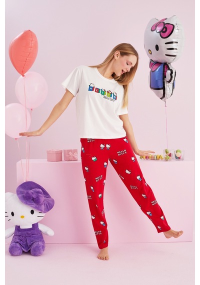 Siyah İnci Lisanslı %100 Pamuk Çok Renkli Bisklet Yaka Pijama Takım Beyaz
