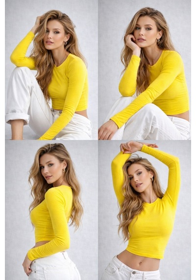 Wild Bee Kadın Sarı Bisiklet Yaka Uzun Kollu Basic Bluz