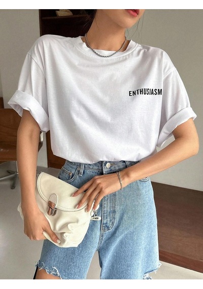 Unisex Beyaz Oversize Enthusiasm Baskılı Örme T-shirt Beyaz