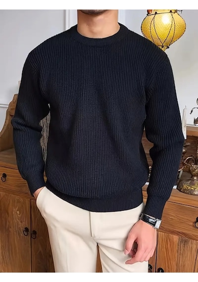 Erkek Siyah Regular Fit Bisiklet Yaka Örgülü Triko Siyah