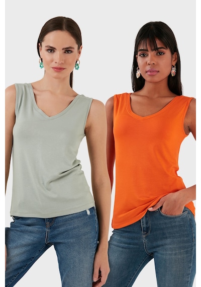 Lela Slim Fit V Yaka Kalın Askılı 2' Li Paket Bayan Bluz 5864384S2 Çağla-Oranj
