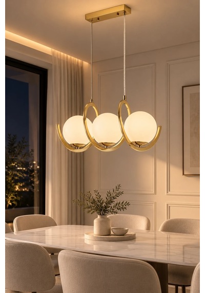 Modern Premium Gold 3'lü Sarkıt Avizesi Ampül Hediyeli Küreli Lüks Salon Mutfak Modelleri E14 Duy