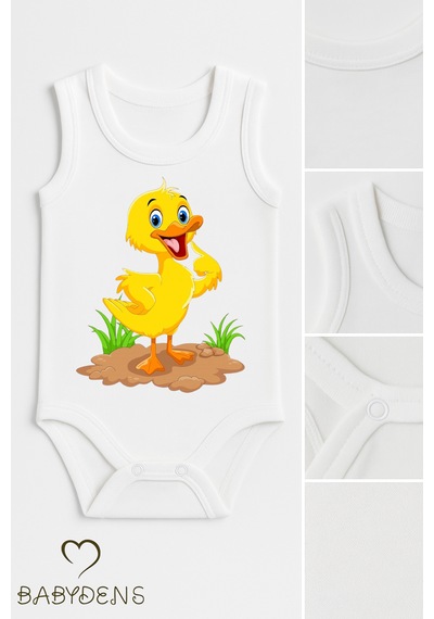 Babyden's %100 Pamuklu Hayvan Figürlü Kolsuz Çıtçıtlı Bebek Body Yazlık Unisex Zıbın Ördek Beyaz