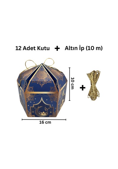 12li Ramazan Hediye Kutusu & Altın İp Seti 10m , Kandil, Şeker Ve Çikolata Kutusu, 16x16x10 Cm