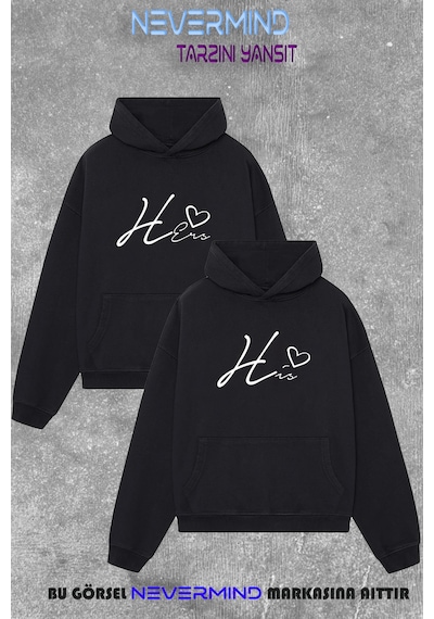 Nevermind Unisex Oversize Hoodie Çift Kombini His & Hers 2'li Sweatshirt Siyah