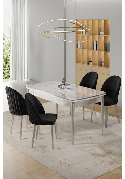 Canisa Rada Serisi 80x132 Açılabilir Lak Panel Beyaz Mermer Desen Masa 4 Siyah Sandalye Krom Detay Beyaz Mermer Desen Masa Sandalyeler Siyah Canisa Rada Serisi 80x132 Açılabilir Lak Panel Beyaz Mermer Desen Masa 4 Siyah Sandalye Krom Detay Beyaz Mermer Desen Masa Sandalyeler Siyah
