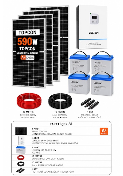 4x590w Güneş Paneli + Lexron 3kva 3000w Mppt + 4x105ah Jel Akü Solar Enerji Paketi