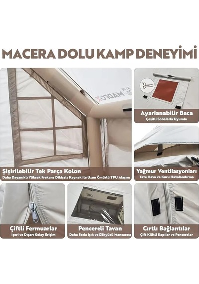 Madfox Bigless Glamping Cotton Inflatable Şişme Çadır Baca Çıkışlı Çok Renkli