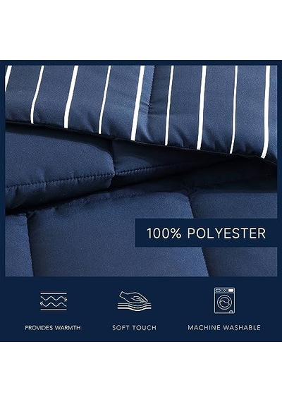 Kraliçe Yorgan Seti, Pamuk Ters Çevrilebilir Yatak Takımı, Tüm Sezon Ev Dekoru Longdale Çizgili Lacivert, Kraliç Genel
