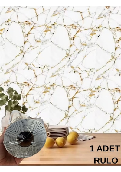 120cm X 3 Metre Tek Parça Yapışkanlı Rulo Mermer Desenli Duvar Paneli Kağıdı Silinebilir Ls-6010-böte Altın