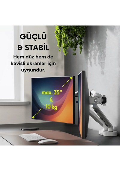 Özel Tasarım Çiftli Monitör Kolu Max 35" 10kg Taşıma Kapasiteli Mekanik Yaylı Hızlı Vidasız Montaj