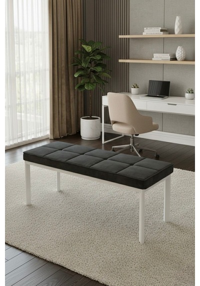 Vena 105x40 Bench - Babyface Kumaş Çımalı Döşeme Puf Bench Beyaz Ayaklı Siyah