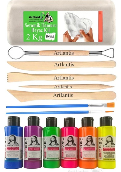 Beyaz Seramik Hamuru 2 Kg Ebeşuar Modelleme Monalisa Neon 6 Renk Akrilik Boya Fırça 75 Ml Seramik Çamuru Heykel Sanat