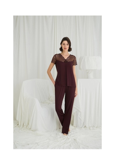 Aria's Closet Arias Closet Kısa Kollu Ve Dantelli V Yaka Pijama Takımı MÜRDÜM