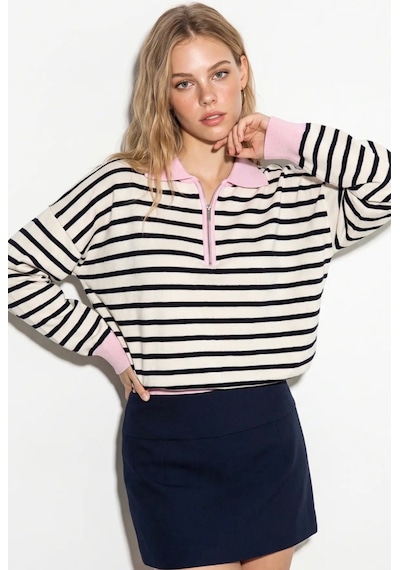 Soft&basic Çizgili Polo Yaka Triko Kadın Kazak Fermuarlı Pembe