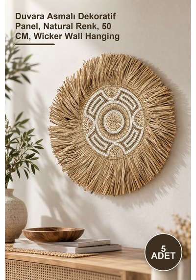 5 Adet Hasır Pano Duvara Asmalı Dekoratif Panel, Natural Renk, 50 Cm, Wicker Wall Hanging