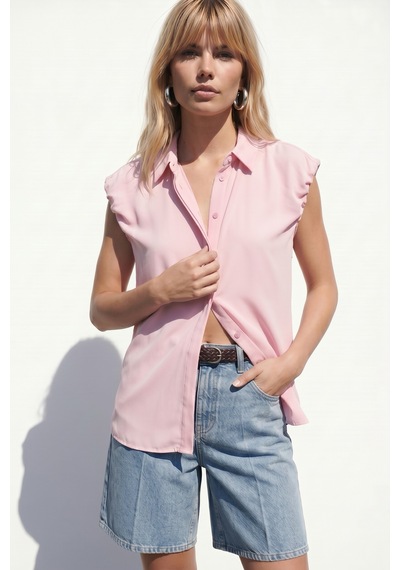 Sateen Kol Detaylı Gömlek - Pembe-137578