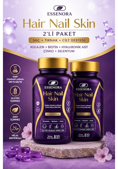 Hair Nail Skin 2'li Paket Saç Tırnak Cilt Kolajen Biotin Hyaluronik Asit 2x30 Kapsül