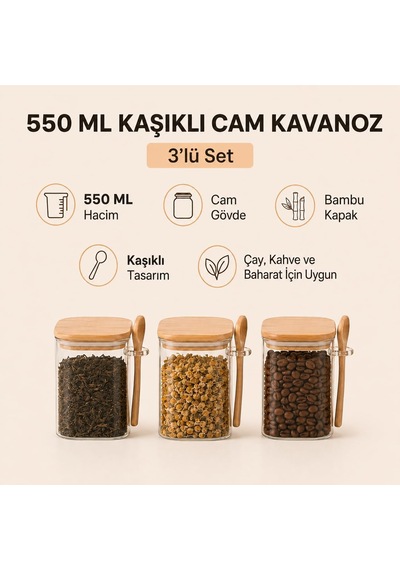 550 Ml Kaşıklı Cam Kavanoz 3'lü Set, Bambu Kapaklı Şeffaf Cam Saklama Kabı, Çay Kahve Şeker Baharat Kuruyemiş Kavanozu, Mutfak Düzenleyici Kaşıklı Baharatlık Seti Çok Renkli