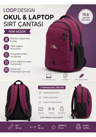 Loop Design Okul Sırt Çantası-laptop Sırt Çanta Yeni Sezon -bordo