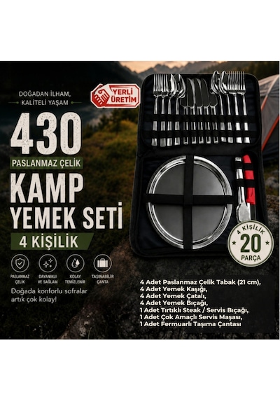 Paslanmaz Çelik Kamp Yemek Seti 2 Kişilik Özel Çantalı Premium Set Gümüş