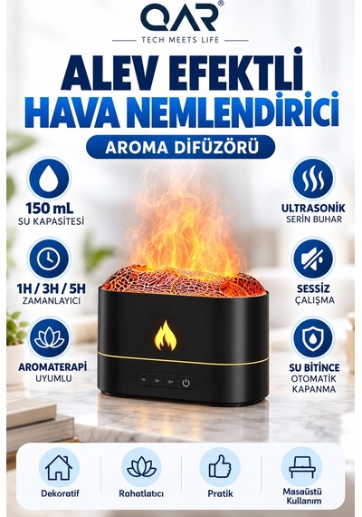 200 Ml Alev Efektli Hava Nemlendirici 7 Renk Rgb Led Işıklı Ultrasonik Aroma Difüzörü