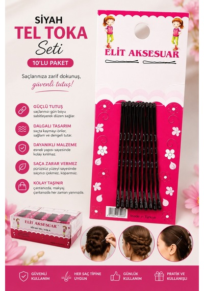 Siyah Tel Toka Seti 10'lu Paket Güçlü Tutuş Sağlayan Kaymaz Saç Tokası Günlük Kullanıma Uygun