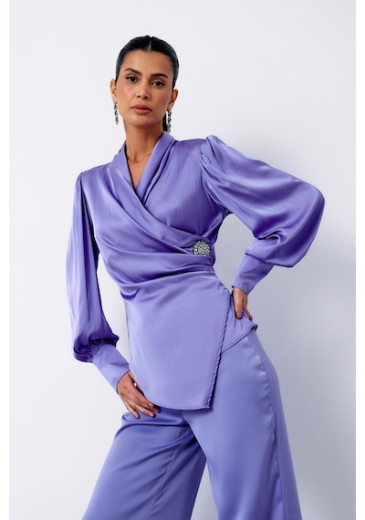 Sateen Broşlu Kruvaze Bluz - Lila-135118 Lila