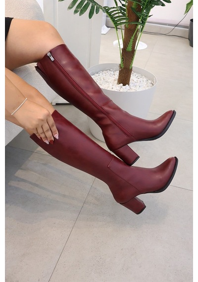 Asmi Shoes Kadın Lamor Bordo 7 Cm Topuklu Yandan Fermuarlı Diz Altı Çizme 400
