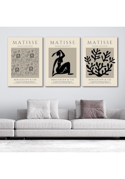 Henri Matisse 3'lü Kanvas Tablo Seti - Vizon Siyah Soyut Yüz Ve Figür Çizimli Modern Duvar Tablosu Seti, 35x50 Cm Genel