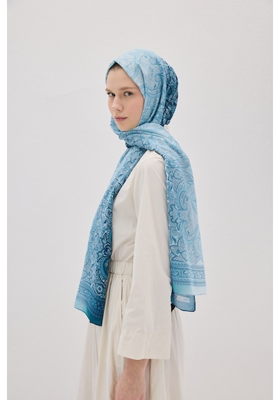 Mirsoy Scarf Eftelya Pamuk Etnik Desen Şal Mavi
