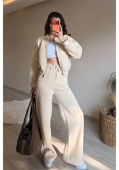 Neşeli Butik Kadın Oversize 3 İplik Cepli Eşofman Takımı Nm029 Bej