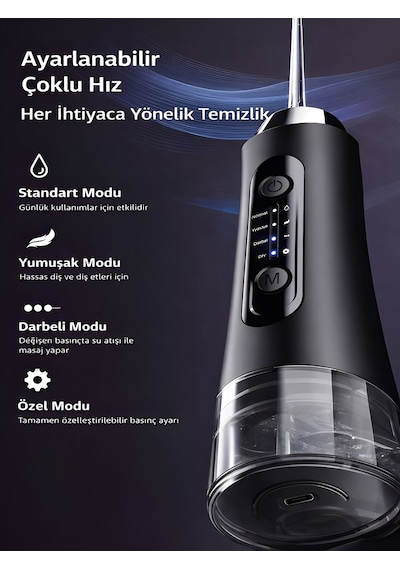 Ipx7 Ağız Duşu 320ml 5 Başlık 4 Mod 20-140 Psı Şarjlı Diş Temizleme Oral Irrigator Siyah