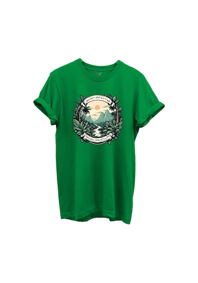 Tropikal Orman Ve Dağ Manzaralı Hunting Doğa Temalı %100 Pamuk Regular Fit Unisex T-shirt Yeşil
