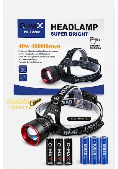 40w 4000 Lümen Sensörlü Kafa Lambası + 3 Adet Yedek Pilli Mega Paket Toplam 6 Pil Siyah